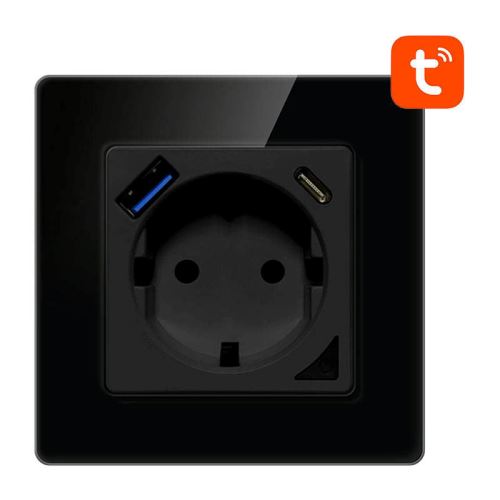 Chytrá zásuvka AVATTO N-WOT10-USB-B, Černá, s USB-A+C, na WiFi (Tuya, Smart Life), rámeček z tvrzeného skla