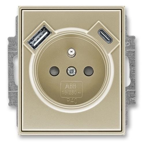 ABB 5569E-A32357 33 Time®, Time® Arbo Zásuvka jednoduchá s ochrannými clonkami a USB-A + USB-C Šampaňská