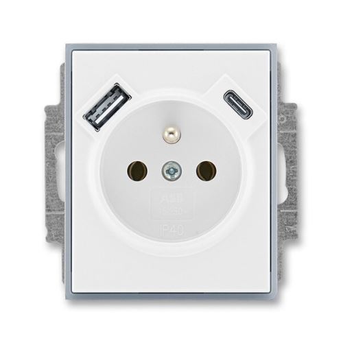ABB 5569E-A32357 04 Time® Zásuvka jednoduchá s ochrannými clonkami a USB-A + USB-C Bílá/Ledová Šedá