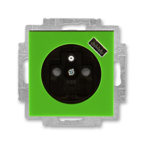 ABB 5569H-A02357 67 Levit Zásuvka 1násobná s kolíkem, s clonkami, s USB nabíjením; zelená/kouř. černá