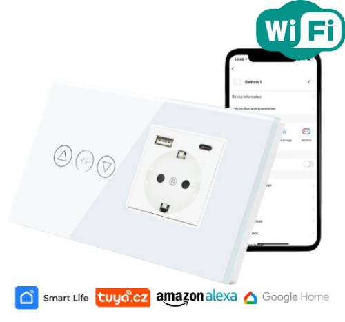Chytrý stmívač s rychlonabíjecí zásuvkou s USB a USB-C, tvrzené sklo, dotykový, bílý