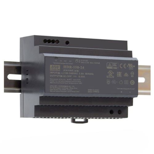 MEAN WELL HDR-150-24 zdroj 150W vstup 85-264V AC, 120-370V DC výstup 24V DC 0-6,25A trafo na DIN lištu /94682/