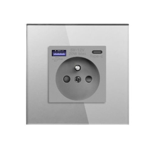 Jednoduchá zásuvka s USB a USB-C, rychlonabíjecí, stříbrná
