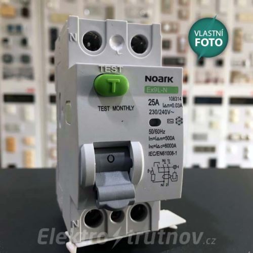 Noark Proudový chránič Ex9L-N 2P 40A 300mA /108358/, Icn=6kA, 2pól, In=25A, IΔn=300mA, typ A /Náhrada za 108323/