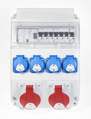 ETI EDS11 RCD 4/2 16/32 B zásuvková skříň se 4x zásuvkou na 230V/16A 1x zásuvka 400V/16A 5p a 1x zásuvka 400V/32A 5p s chráničem