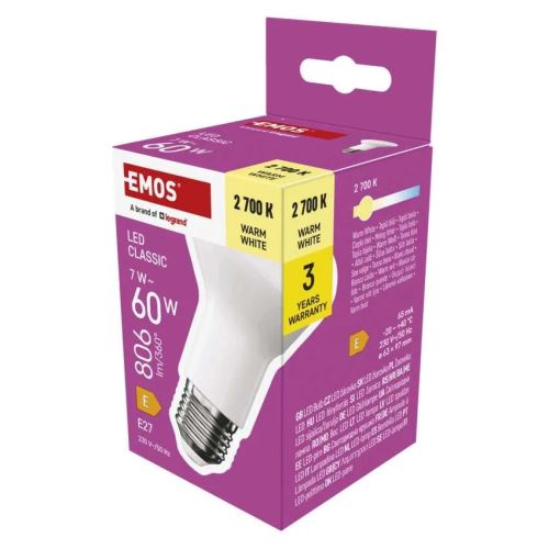 EMOS směrová žárovka R63 s paticí E27 7W náhrada za 60W 806Lm Teplá bílá