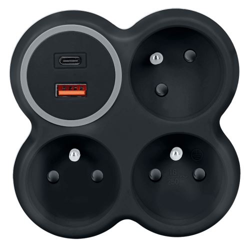 Solight P106CB-PD20 Rozbočka, 3x zásuvka 15A, USB A+C, 20W, matná černá