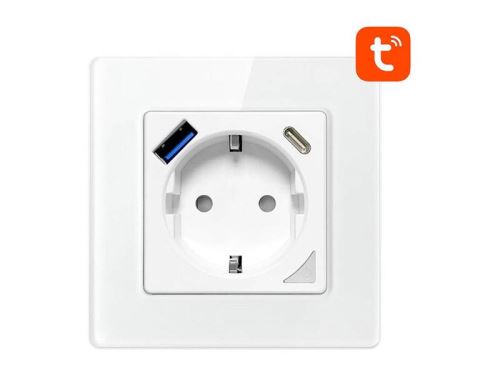 Chytrá zásuvka AVATTO N-WOT10-USB-W, Bílá, s USB-A+C, na WiFi (Tuya, Smart Life), rámeček z tvrzeného skla