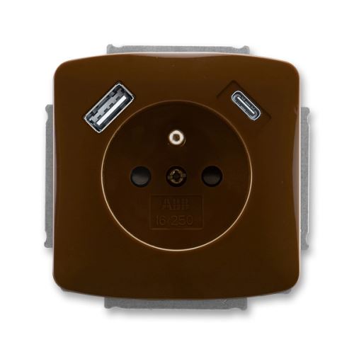 ABB 5569A-A32357 H Tango® Zásuvka jednonásobná s ochranným kolíkem, s clonkami, s USB napájením (USB-A,USB-C), Hnědá
