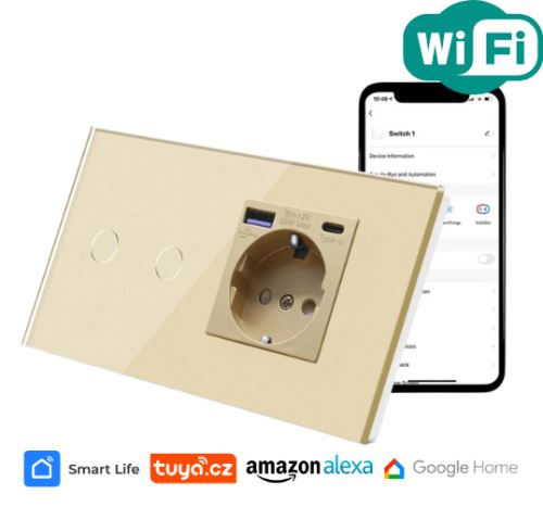Dvojnásobný vypínač s rychlonabíjecí USB a USB-C zásuvkou, zlatý