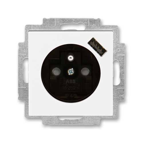 ABB 5569H-A02357 62 Levit Zásuvka 1násobná s kolíkem, s clonkami, s USB nabíjením; bílá/kouřová černá