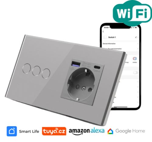 Trojnásobný vypínač s rychlonabíjecí USB a USB-C zásuvkou, stříbrný