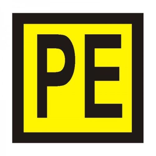 štítek "PE" žlutý podklad, černý tisk, 2x2cm