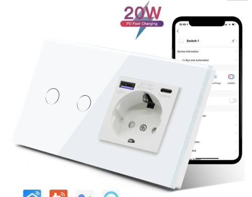 Chytrý stmívač s rychlonabíjecí zásuvkou s USB a USB-C, tvrzené sklo, dotykový, černý