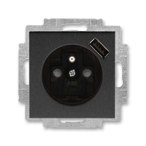 ABB 5569H-A02357 63 Levit Zásuvka 1násobná s kolíkem, s clonkami, s USB nabíjením; onyx/kouřová černá