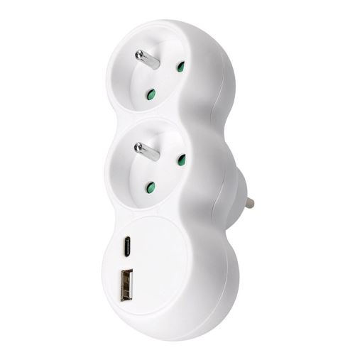 SOLIGHT P100-PD20 rozbočka, 2x zásuvka 10A, USB A+C 20W PD, bílá