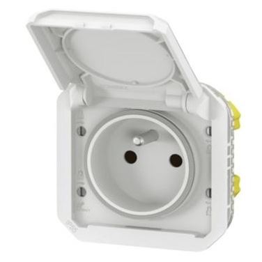 LEGRAND PLEXO 069621L zásuvka s clonkami IP55 16A vestavná jen přístroj s víčkem Bílá