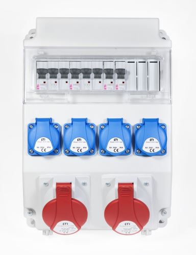 ETI EDS11 4/2 16/32 B zásuvková skříň se 4x zásuvkou na 230V/16A 1x zásuvka 400V/16A 5p a 1x zásuvka 400V/32A 5p