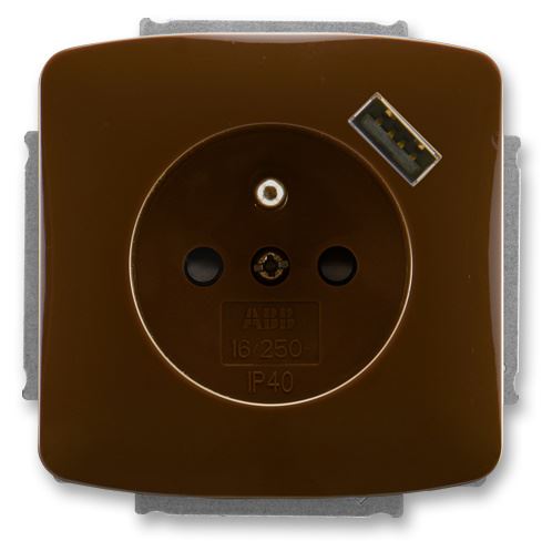 ABB 5569A-A02357 H Tango® Zásuvka jednonásobná s ochranným kolíkem, s clonkami, se USB napájením, hnědá