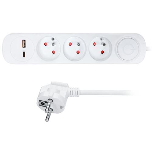 SOLIGHT PP111PD20 Bílá prodlužovací kabel s vypínačem 3x zásuvka 230V, 2m, 1x USB-A+C