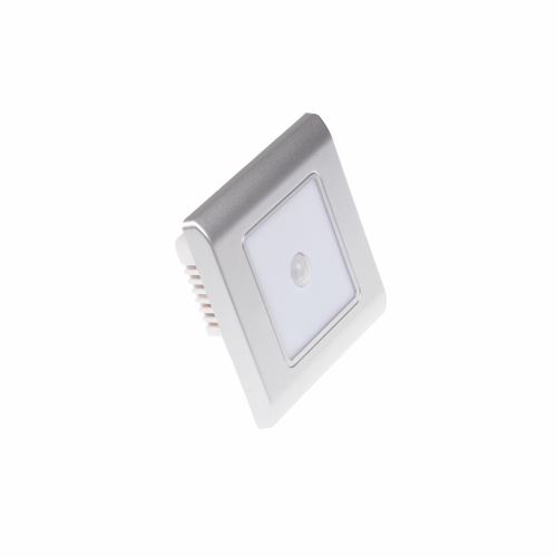LED stříbrné orientační svítidlo vestavné s pohybovým PIR čidlem, 0,6W, IP20, 230V, 3m, 84x84x34mm