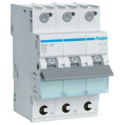 Hager MBS316 QuickConnect Instalační jistič bezšroubové svorky 6 kA, charakteristika B, 16 A, 3pól