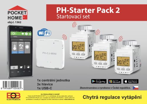 Elektrobock PH-Starter pack 2 Home Pocket,1xcentrální jednotka+ 3x termostatická hlavice s displejem ,WIFI ovládání