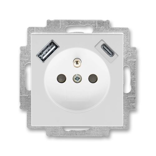 ABB LEVIT 5569H-A32357 16 ŠEDÁ/BÍLÁ Zásuvka jednonásobná s ochranným kolíkem a clonkami s integrovaným USB a USB-C nabíjením