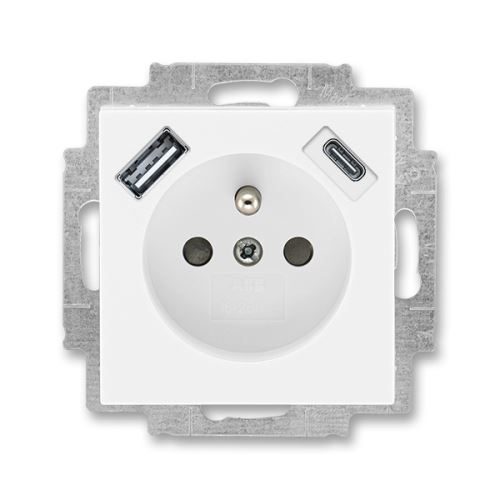 ABB LEVIT 5569H-A32357 03 BÍLÁ/BÍLÁ Zásuvka jednonásobná s ochranným kolíkem a clonkami s integrovaným USB a USB-C nabíjením