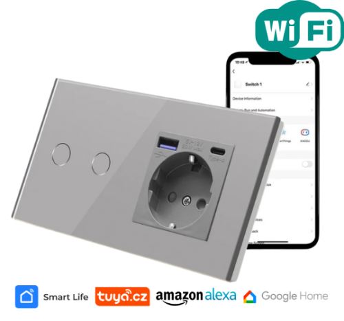 Dvojnásobný vypínač s rychlonabíjecí USB a USB-C zásuvkou, stříbrný