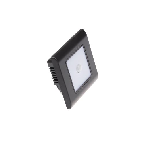 LED černé orientační svítidlo vestavné s pohybovým PIR čidlem, 0,6W, IP20, 230V, 3m,86x86x34mm