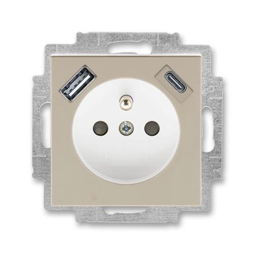 ABB LEVIT 5569H-A32357 18 MACCHIATO/BÍLÁ Zásuvka jednonásobná s ochranným kolíkem a clonkami s integrovaným USB a USB-C nabíjením