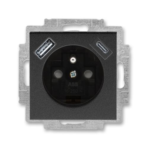 ABB LEVIT 5569H-A32357 63 ONYX/KOUŘOVÁ ČERNÁ Zásuvka jednonásobná s ochranným kolíkem a clonkami s integrovaným USB a USB-C nabíjením