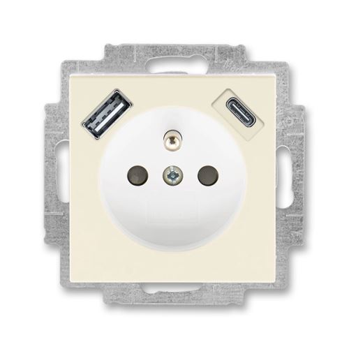 ABB LEVIT 5569H-A32357 17 SLONOVÁ KOST/BÍLÁ Zásuvka jednonásobná s ochranným kolíkem a clonkami s integrovaným USB a USB-C nabíjením