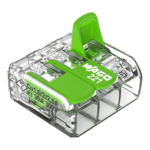 Wago svorka zelená 221-623 trojitá otevírací 3x0,5-6mm drát i lanko / tvrdý i měkký vodič