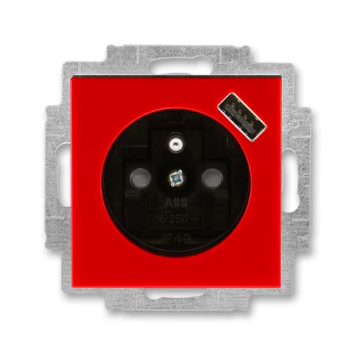 ABB 5569H-A02357 65 Levit Zásuvka 1násobná s kolíkem, s clonkami, s USB nabíjením; červená/kouř. černá