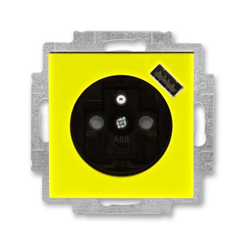 ABB 5569H-A02357 64 Levit Zásuvka 1násobná s kolíkem, s clonkami, s USB nabíjením; žlutá/kouřová černá