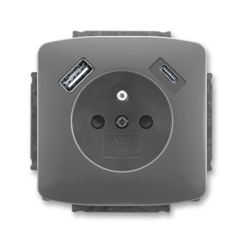 ABB 5569A-A32357 S2 Tango® Zásuvka jednonásobná s ochranným kolíkem, s clonkami, s USB napájením (USB-A,USB-C), kouřová šedá